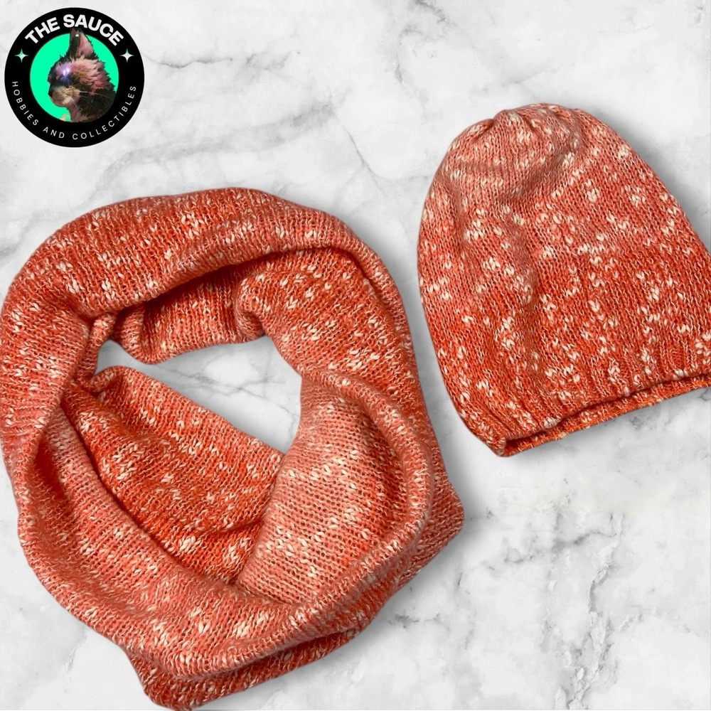 Beanie Infinity Scarf Set OS Coral Orange Marled Knit Winter Y2K Retro Boho Cozy
